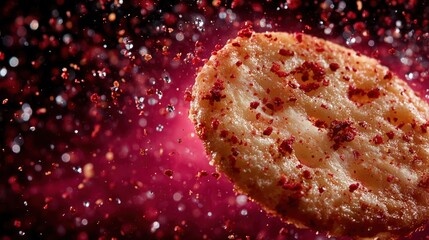 Round savory cracker with exploding red spice powder seasoning.

