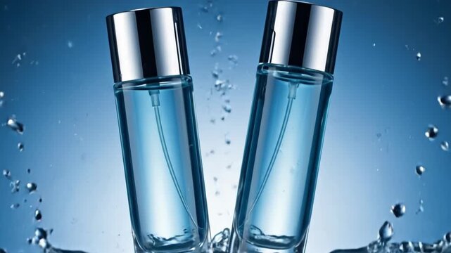 Two cosmetic bottles splashing into clear blue water creating a dynamic crown splash with droplets against a deep blue background