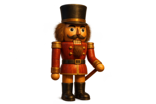 Wooden nutcracker soldier standing on transparent background