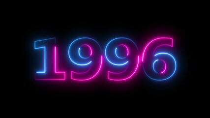 Glowing neon 1996 happy new year 1996 animated text new year on black background. Abstract 1996 neon text animation,