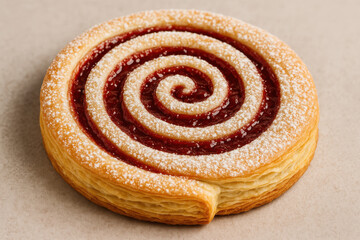 Fototapeta premium Golden puff pastry swirl with berry jam and powdered sugar