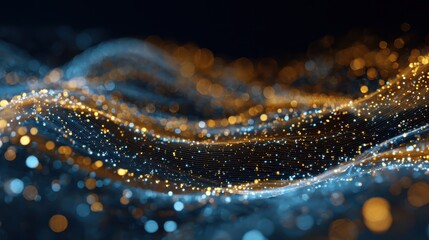 abstract blue and gold bokeh lights with glowing particles and wavy lines on a dark background 2026