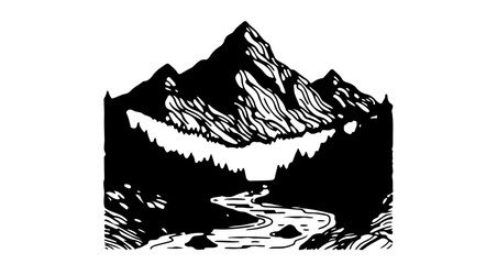 Fototapeta premium Graphic illustration of a mountain, river, and forest in black and white, isolated on