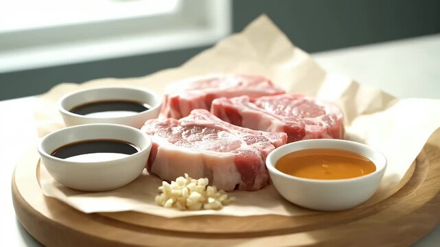 A wooden tray with four bowls of sauce and a pile of meat. Scene is inviting and appetizing