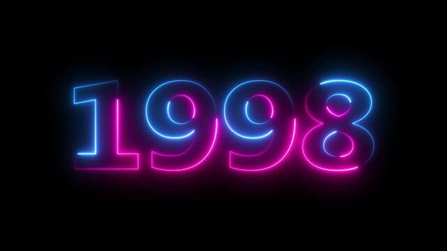 Glowing neon 1998 happy new year 1998 animated text new year on black background. Abstract 1998 neon text animation,
