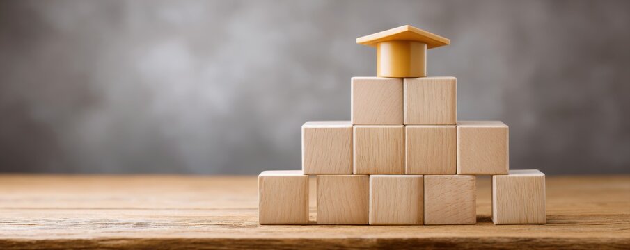 Educational planning goals concept. A stack of wooden blocks with a small house-shaped piece on top, set against a blurred background, symbolizing construction and creativity.