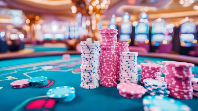 Vibrantly stacked gaming chips on teal playing surface, illuminated by enchanting glow of opulent amusement arena