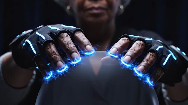 African American woman demonstrating haptic gloves in virtual reality. Hands generating glowing blue energy field between palms. Immersive haptic technology for interactive digital communication and