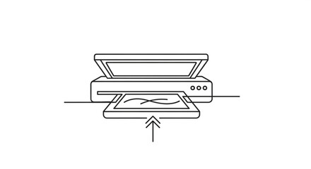 Stylized line art illustration of a scanner scanning a document with an upward arrow indicating insertion into the device, isolated on white.