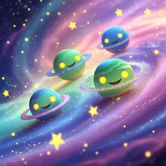 Naklejka premium Adorable Green and Blue Cartoon Planets with Glowing Eyes in Space image photo