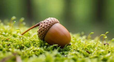An acorn lies on a bed of green moss in the forest