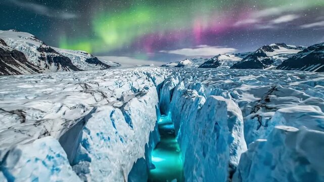 Glacier under northern lights with vibrant auroras