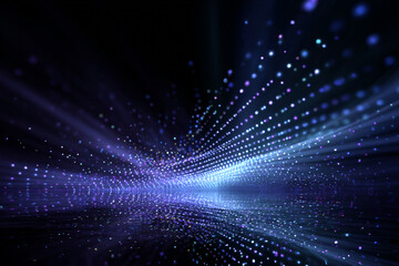 Fototapeta premium A dynamic abstract background featuring blue and purple glowing particles arranged in flowing wave patterns with light rays creating a vibrant futuristic energy effect