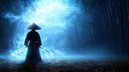 Warrior with glowing sword in mystical bamboo forest