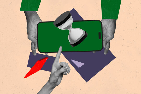 Trendy art creative full zine photo collage of hands hold smartphone gadget freelancer user it-specialist hourglass deadline