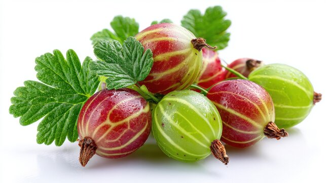 Fresh ripe gooseberries with green leaves on white background, red and green striped berries with water droplets, organic summer harvest fruit closeup - Powered by Adobe