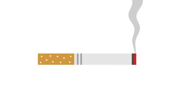 Burning cigarette emits continuous smoke in a smooth looping vector animation over white