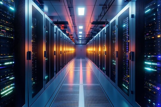 Modern data center corridor glowing with server lights for secure information storage and digital network infrastructure - Powered by Adobe