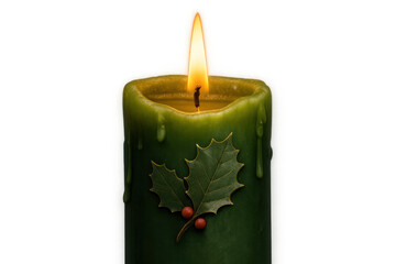 Green Christmas candle burning with holly leaves