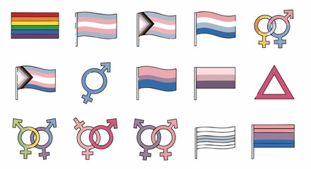Collection of lgbtqia pride flags representing various gender and sexual identities isolated on
