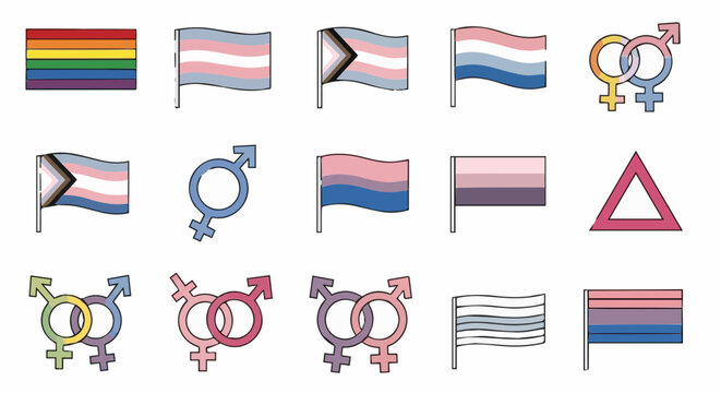 Collection of lgbtqia pride flags representing various gender and sexual identities isolated on