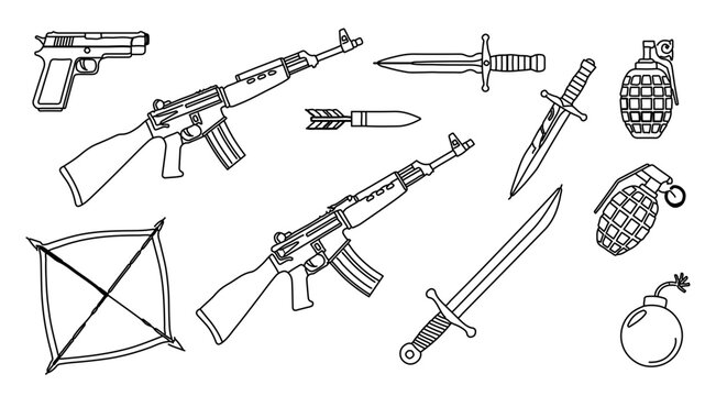 Collection of various military and combat weapons, including firearms, knives, grenades, and a bomb
