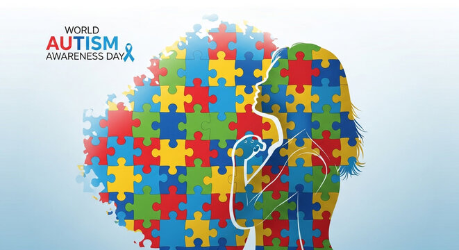 Show your support for World Autism Awareness Day with this vibrant puzzle design featuring a woman's silhouette filled with colorful puzzle pieces