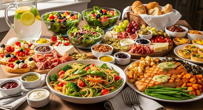 Assortment of delicious food dishes and beverages on a table display