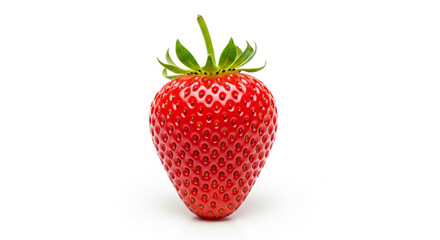  One glistening, whole, fresh strawberry with its green stem intact, centered on a pure white background. The red color is vibrant, and the tiny seeds on its surface are in sharp focus. Sweet, fruit, 