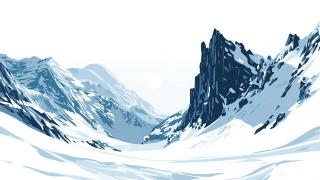 A serene illustration of snow capped mountains and a winter landscape