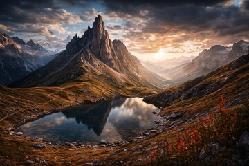 Majestic mountain reflected in alpine lake
