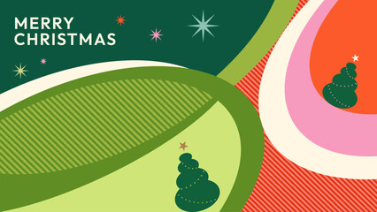 Modern Christmas greeting illustration featuring bold geometric shapes, vibrant retro colors, and stylized Christmas tree icons. Festive abstract design with stars, curved and patterns.