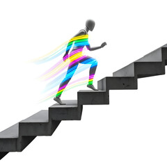 Man running up stairs with rainbow colors.
