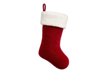 Red Christmas stocking with white trim appearing on transparent background