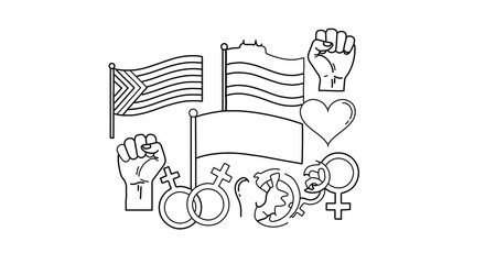 Collection of diverse symbols representing equality, pride, womens rights, global community, and solidarity