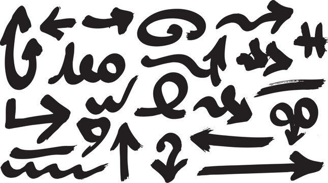 Vector set of black and white silhouettes of arrows. Perfect for posters, typography, album covers, screen prints, or background layers that need a distressed and authentic ink-rolled feel.