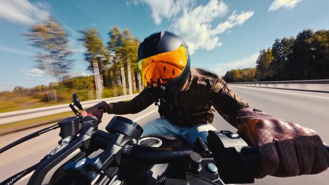 Fast motorcycle ride through green forest road with helmet visor and adventure mood