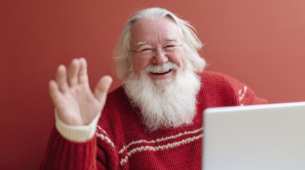 Smiling elderly man with white beard and red sweater waves while using laptop