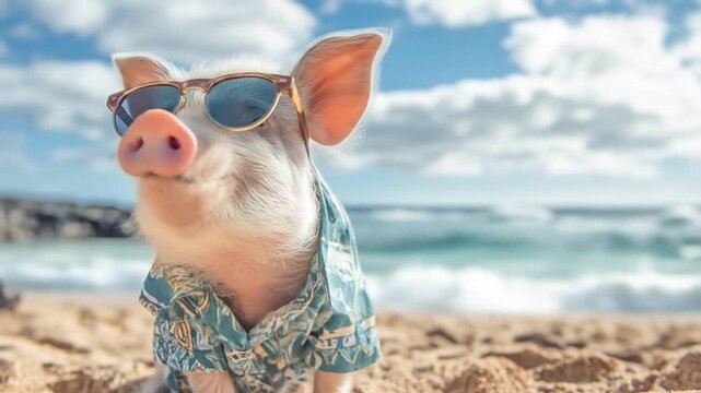Pig on a sunny beach wearing a teal patterned shirt, tiny sunglasses, sea breeze. Under a blue sky!!