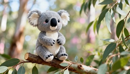Adorable plush koala toy sitting on a eucalyptus branch