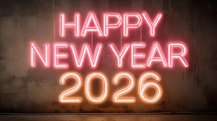 Bright neon sign illuminates happy new year 2026 against a textured wall