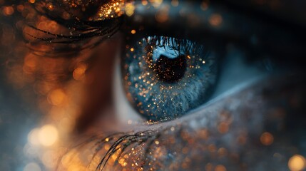 Close-up of a human eye with sparkling glitter and vibrant light effects.