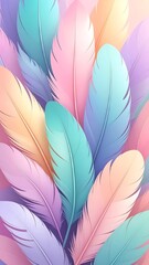 Pastel-colored feathers overlapping, soft aesthetic background