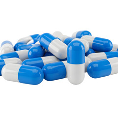Pile of Blue and White Pharmaceutical Capsules Scattered.