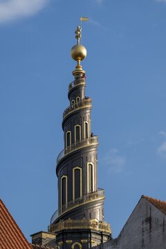 Corkscrew-shaped tower of the Evangelical Lutheran Church of the Saviour, in front of Frelsers Kirke, Christianshavn, Copenhagen, Denmark