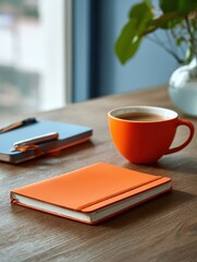 Naklejka premium notebook cup and diary on table in office no logos no brands ar 34
