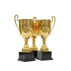 Three Golden Trophies on Black Pedestals.