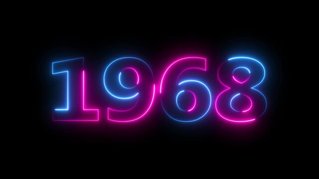 Glowing neon 1968 happy new year 1968 animated text new year on black background. Abstract 1968 neon text animation,