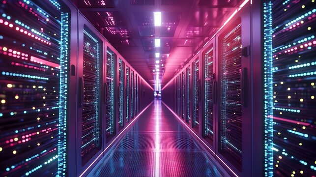 Immersive data center hallway with vibrant lights and futuristic feel for high tech server room concepts and digital security