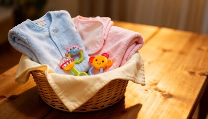 Cute baby clothes and rattles in a wicker basket